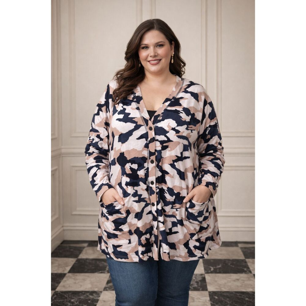 Logo Lounge Camo French Terry Knit Button Front Cardigan with Pockets Size 2X